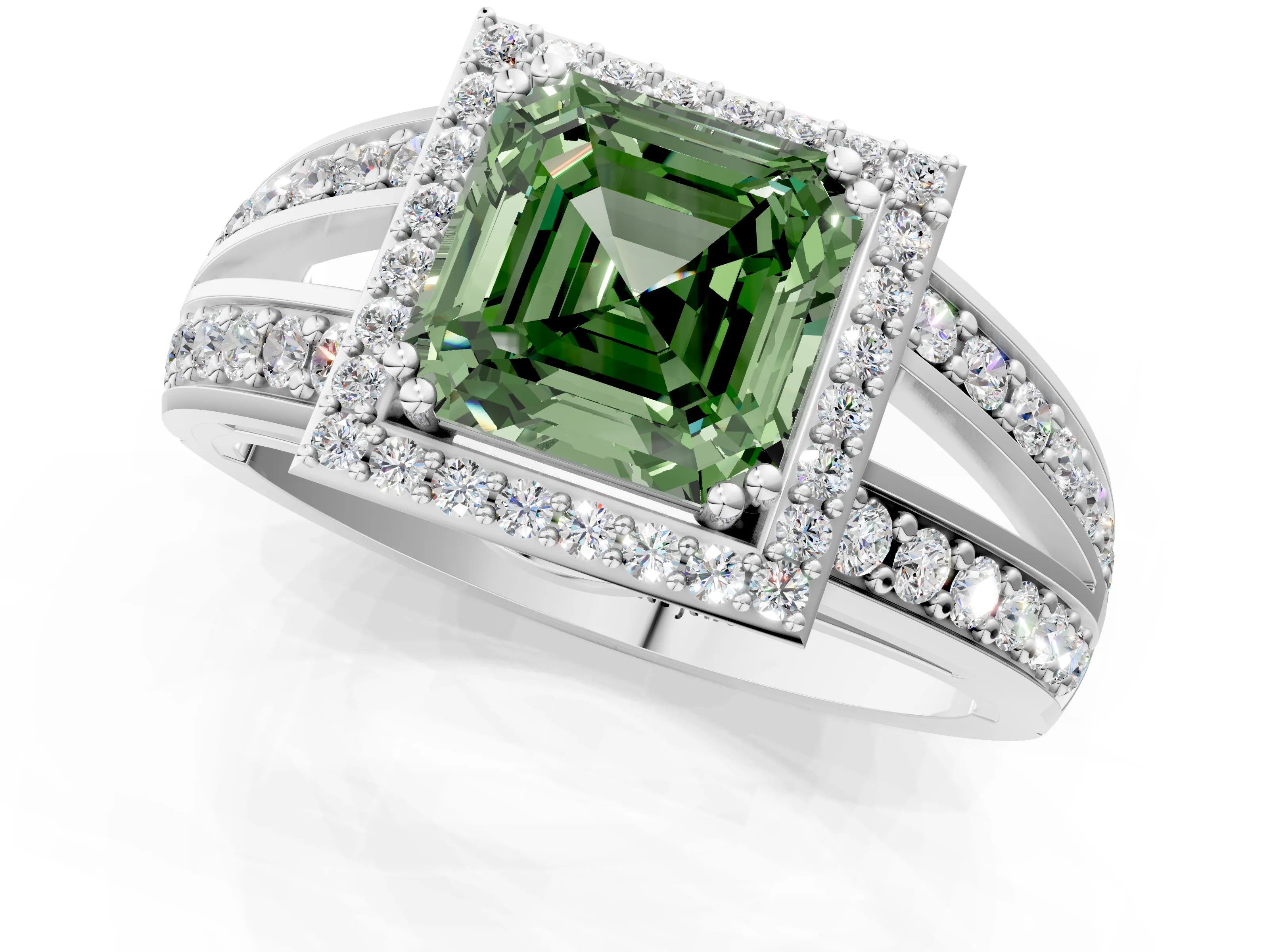 White gold Fancy Green Asscher Cut Diamond Halo Ring with Split Shank Pavé Band and Four-Prong Setting_1