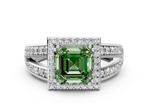 White gold Fancy Green Asscher Cut Diamond Halo Ring with Split Shank Pavé Band and Four-Prong Setting_20