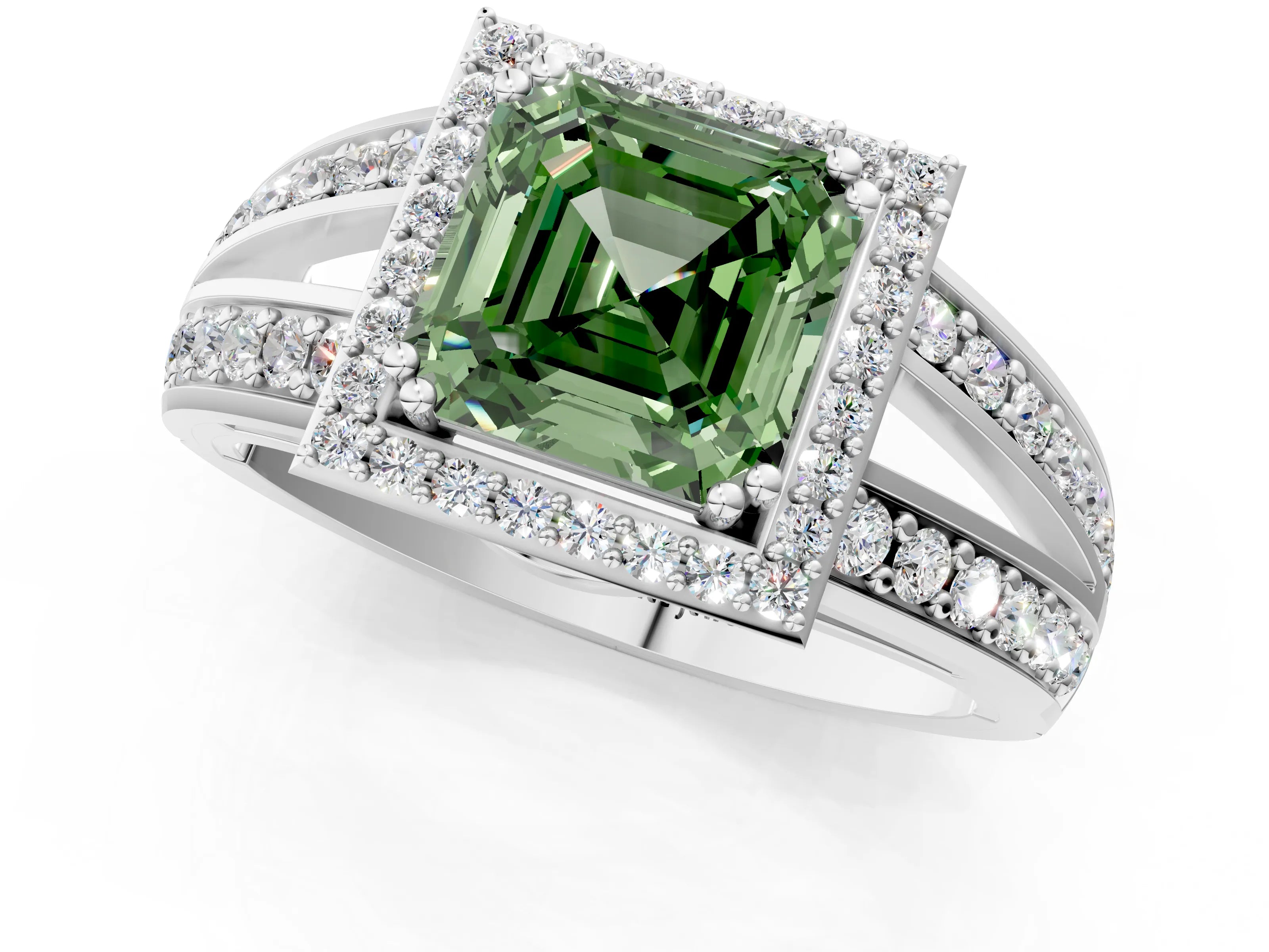 White gold Fancy Green Asscher Cut Diamond Halo Ring with Split Shank Pavé Band and Four-Prong Setting_21