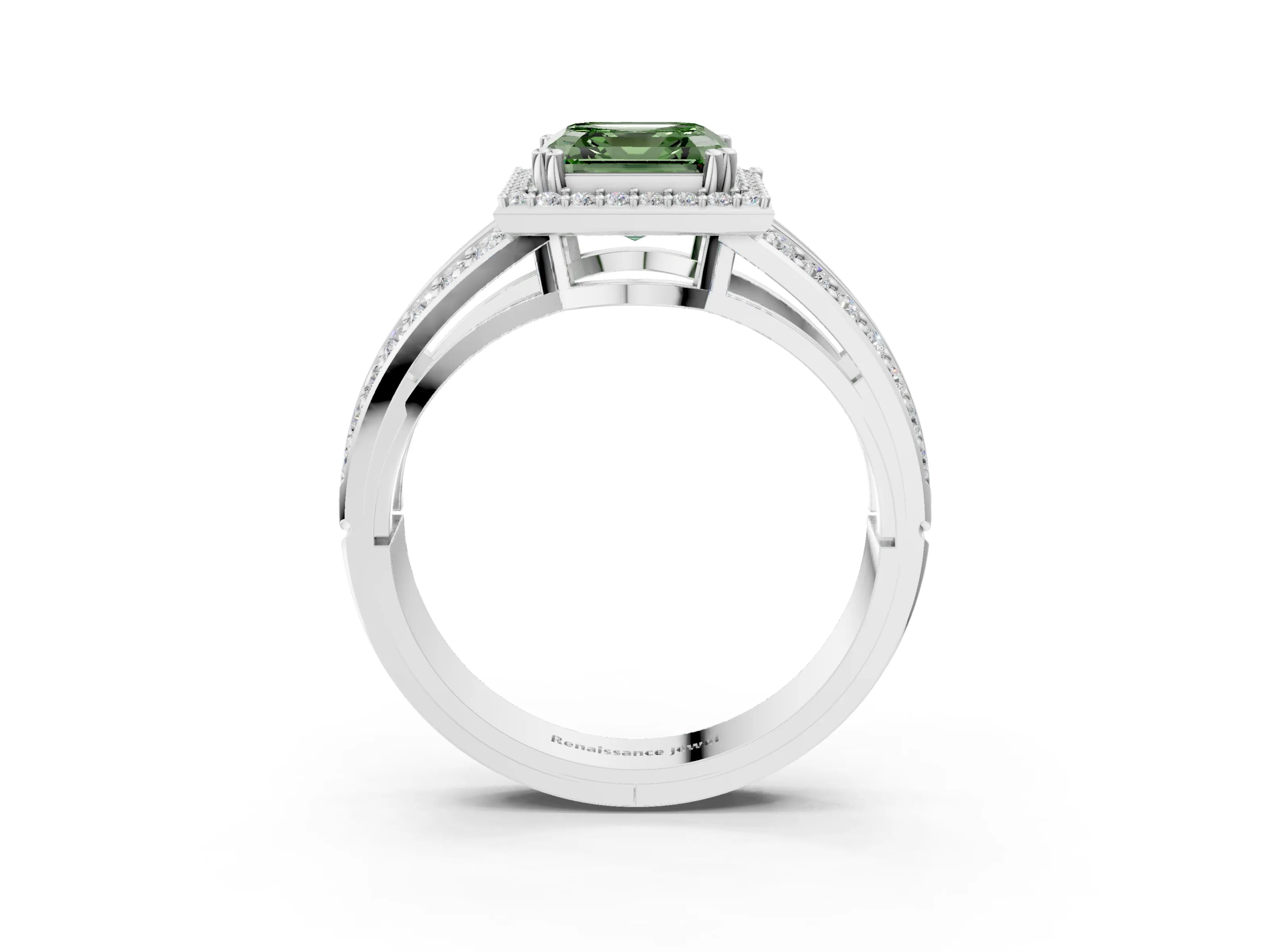 White gold Fancy Green Asscher Cut Diamond Halo Ring with Split Shank Pavé Band and Four-Prong Setting_23
