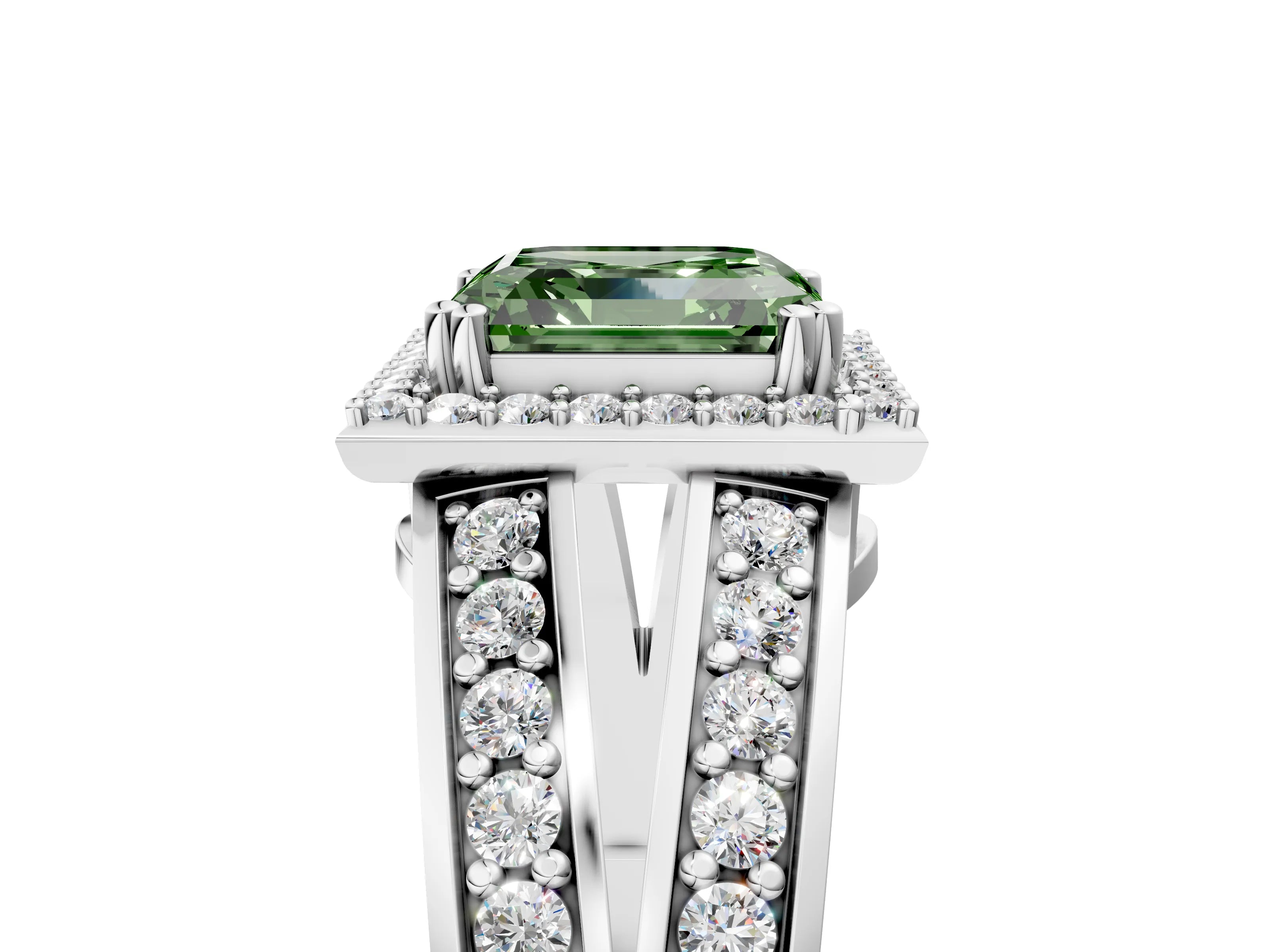 White gold Fancy Green Asscher Cut Diamond Halo Ring with Split Shank Pavé Band and Four-Prong Setting_29
