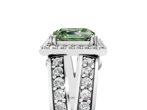 White gold Fancy Green Asscher Cut Diamond Halo Ring with Split Shank Pavé Band and Four-Prong Setting_29