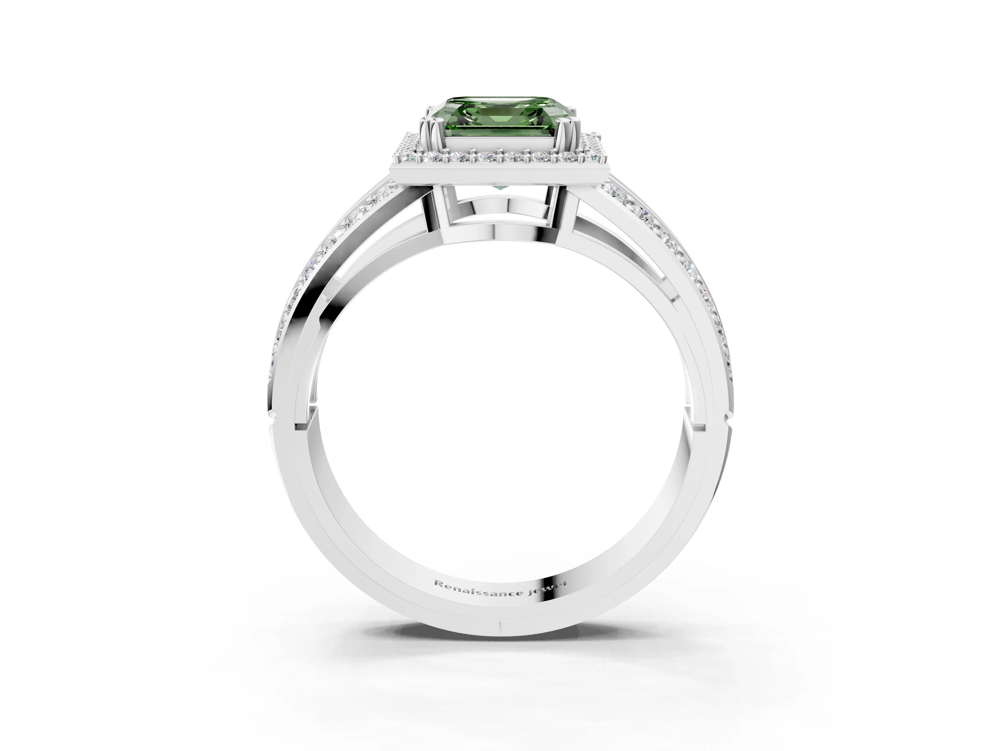 White gold Fancy Green Asscher Cut Diamond Halo Ring with Split Shank Pavé Band and Four-Prong Setting_3