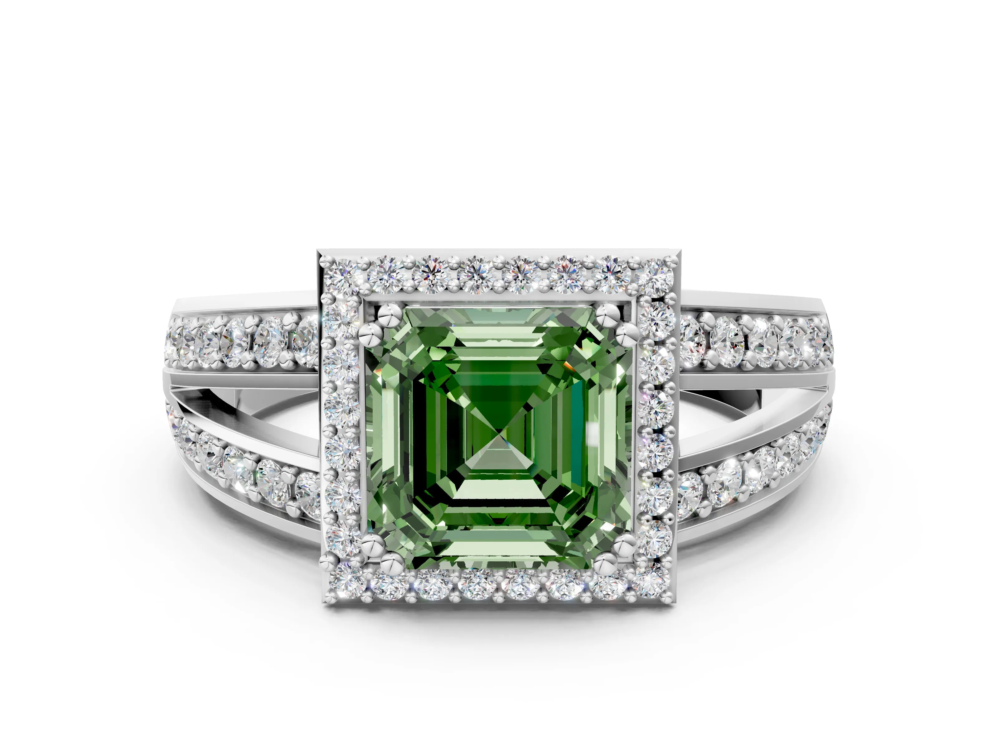 White gold Fancy Green Asscher Cut Diamond Halo Ring with Split Shank Pavé Band and Four-Prong Setting_38