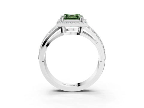White gold Fancy Green Asscher Cut Diamond Halo Ring with Split Shank Pavé Band and Four-Prong Setting_3