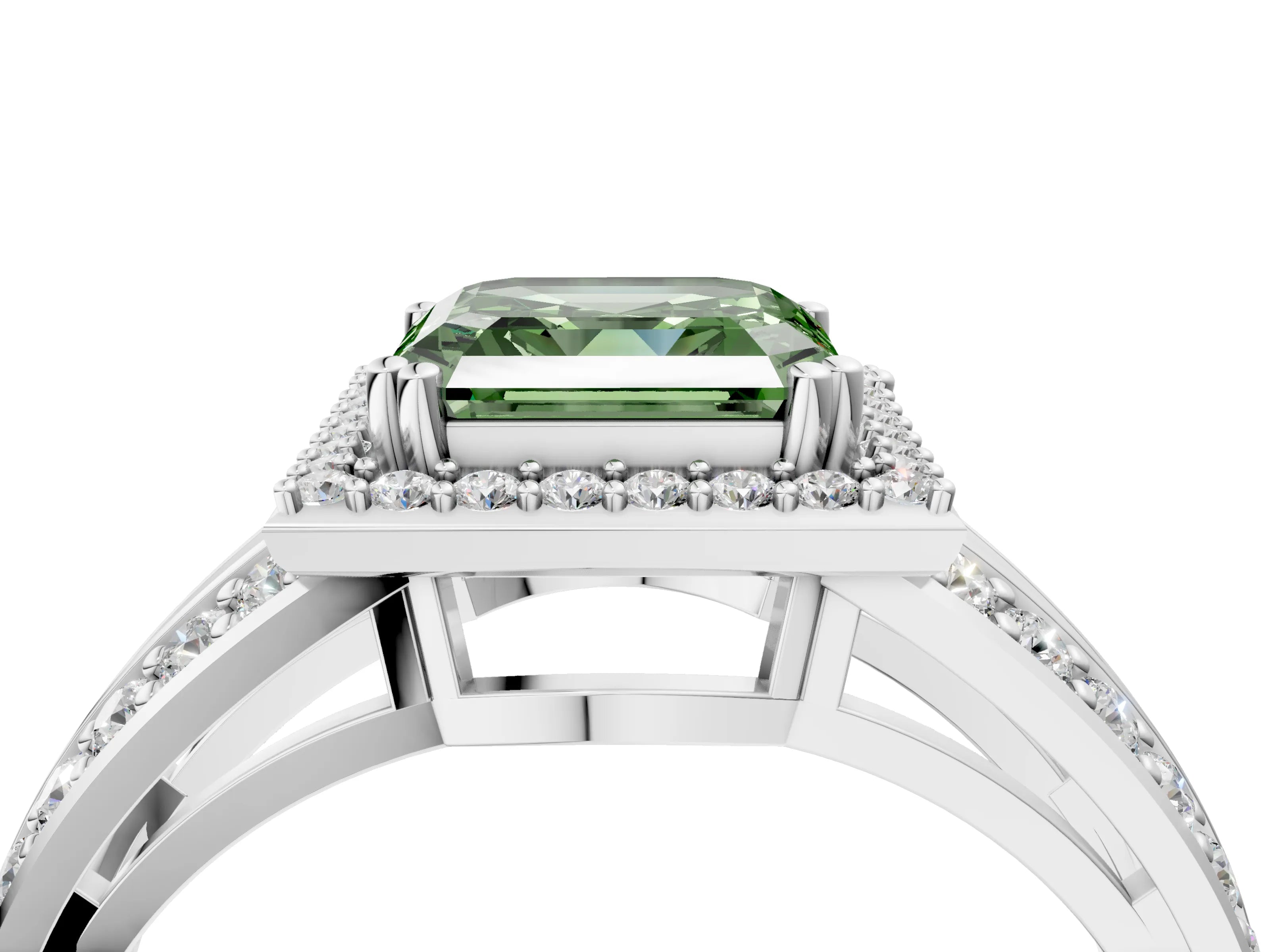 White gold Fancy Green Asscher Cut Diamond Halo Ring with Split Shank Pavé Band and Four-Prong Setting_42