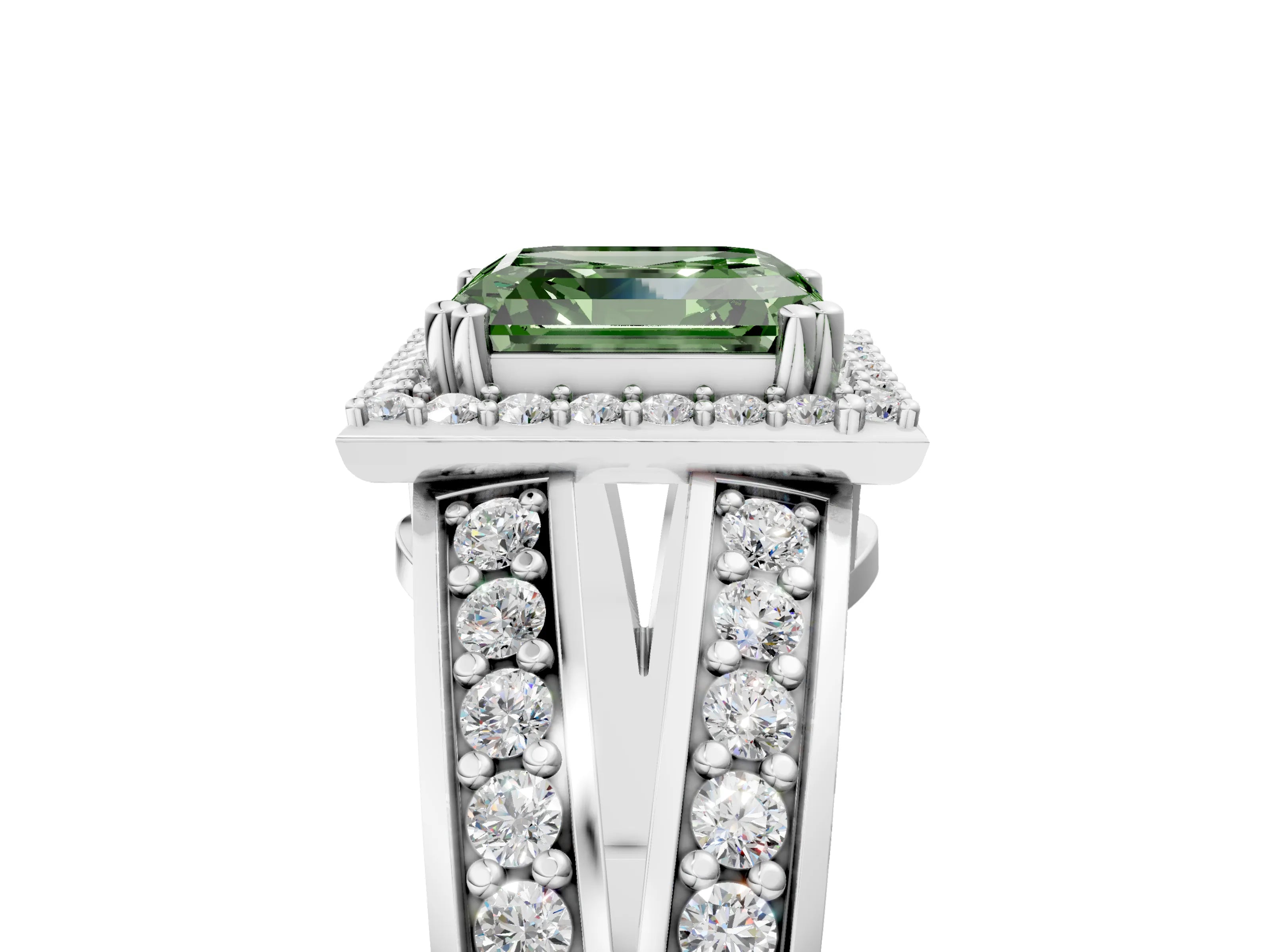 White gold Fancy Green Asscher Cut Diamond Halo Ring with Split Shank Pavé Band and Four-Prong Setting_43