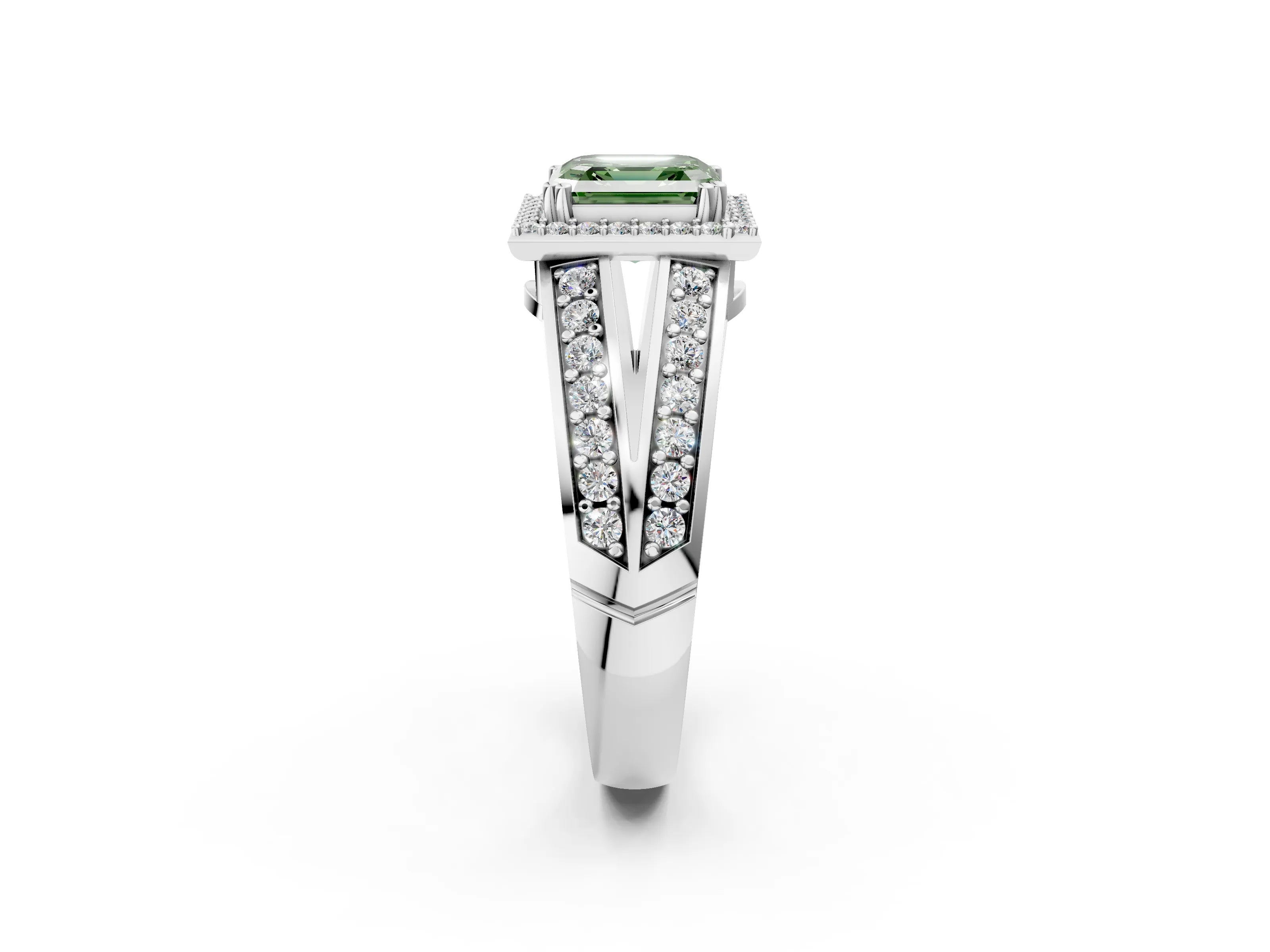 White gold Fancy Green Asscher Cut Diamond Halo Ring with Split Shank Pavé Band and Four-Prong Setting_50