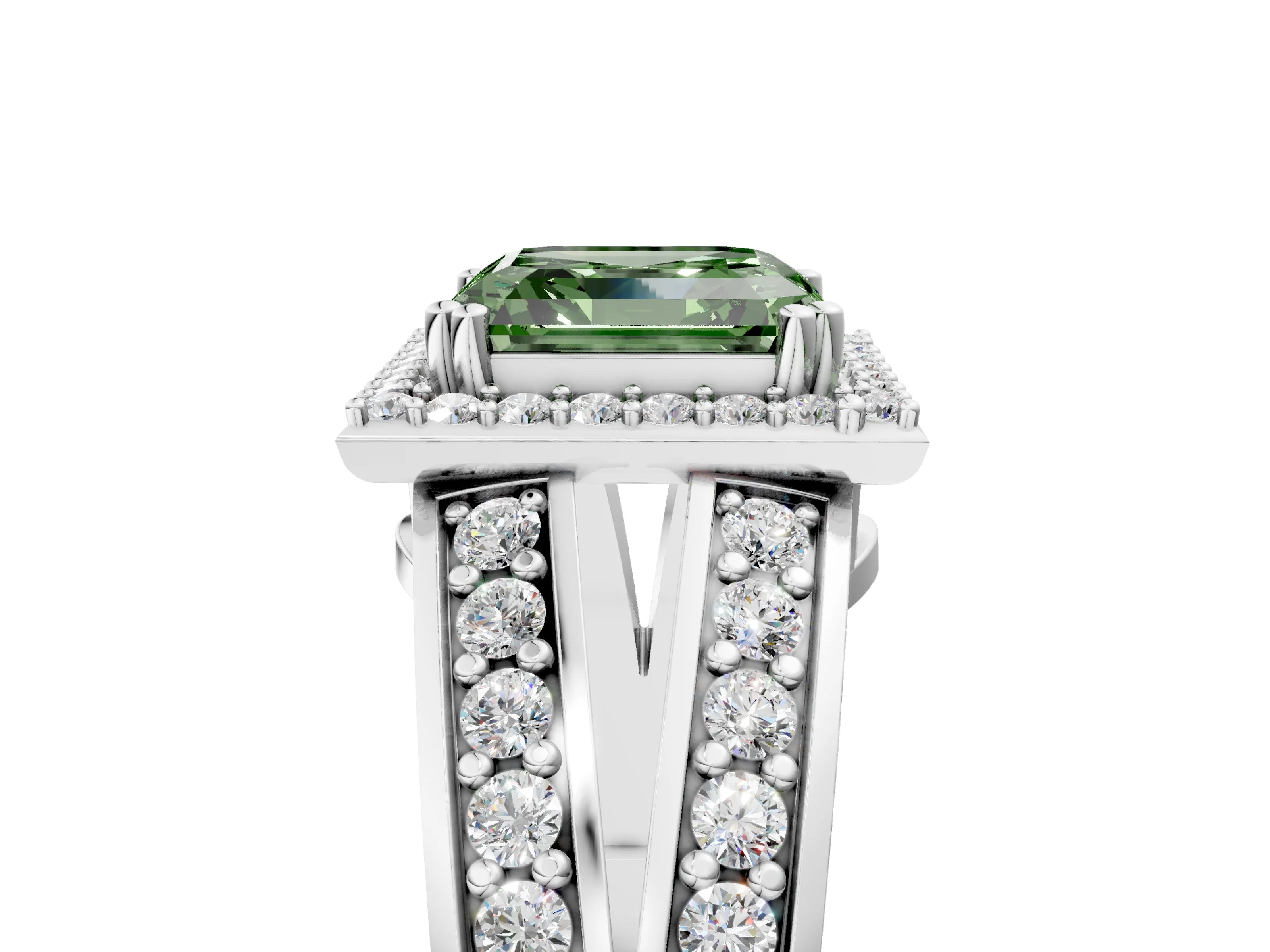 White gold Fancy Green Asscher Cut Diamond Halo Ring with Split Shank Pavé Band and Four-Prong Setting_5