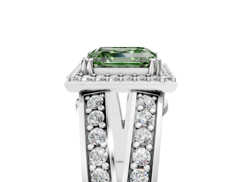 White gold Fancy Green Asscher Cut Diamond Halo Ring with Split Shank Pavé Band and Four-Prong Setting_5