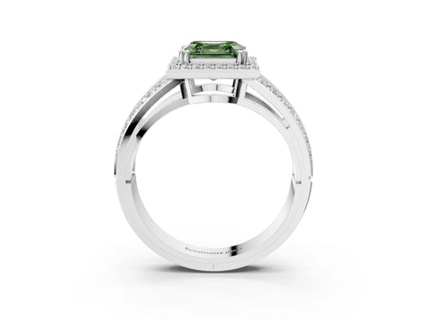 White gold Fancy Green Asscher Cut Diamond Halo Ring with Split Shank Pavé Band and Four-Prong Setting_63