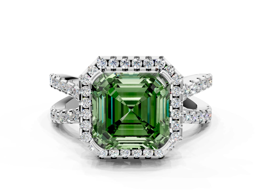 White gold Fancy Green Asscher Cut Diamond Halo Ring with Split Shank Pavé Band and Prong Setting_34