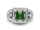 White gold Fancy Green Asscher Cut Diamond Halo Ring with Split Shank and Bezel Accents and Four-Prong Setting