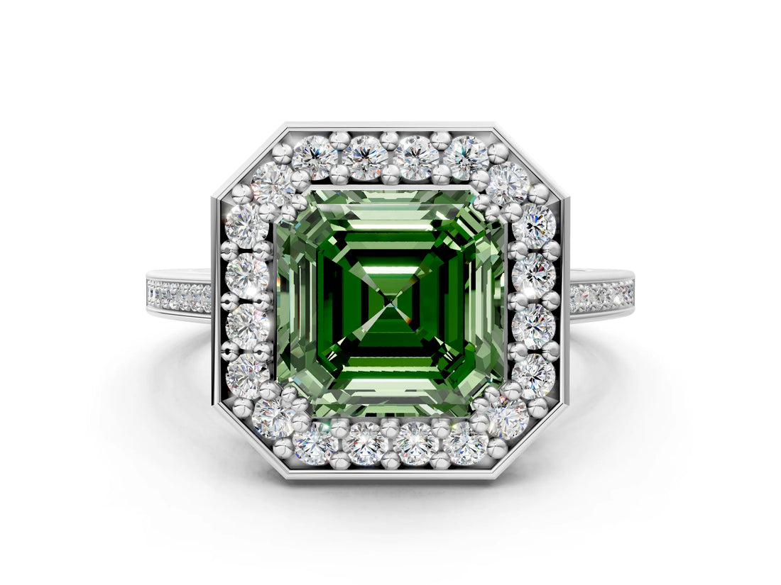 White gold Fancy Green Asscher Cut Diamond Halo Ring with Split Shank and Four-Prong Setting_17