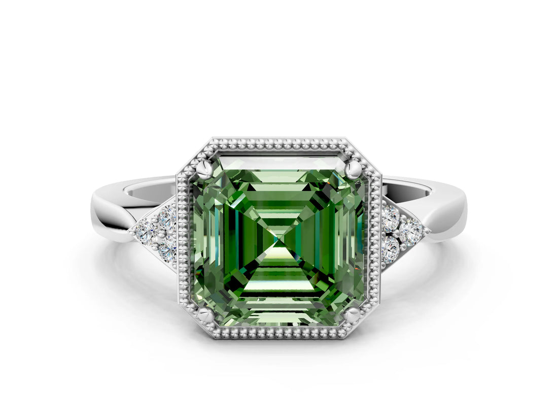 White gold Fancy Green Asscher Cut Diamond Halo Ring with Tapered Band and Four-Prong Setting_19