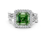 White gold Fancy Green Asscher Cut Diamond Halo Ring with Vintage Split Shank and Four-Prong Setting_106
