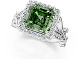 White gold Fancy Green Asscher Cut Diamond Halo Ring with Vintage Split Shank and Four-Prong Setting_107