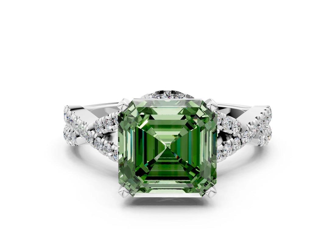 White gold Fancy Green Asscher Cut Diamond  Halo Twist Band Solitaire Prong Setting Ring_12