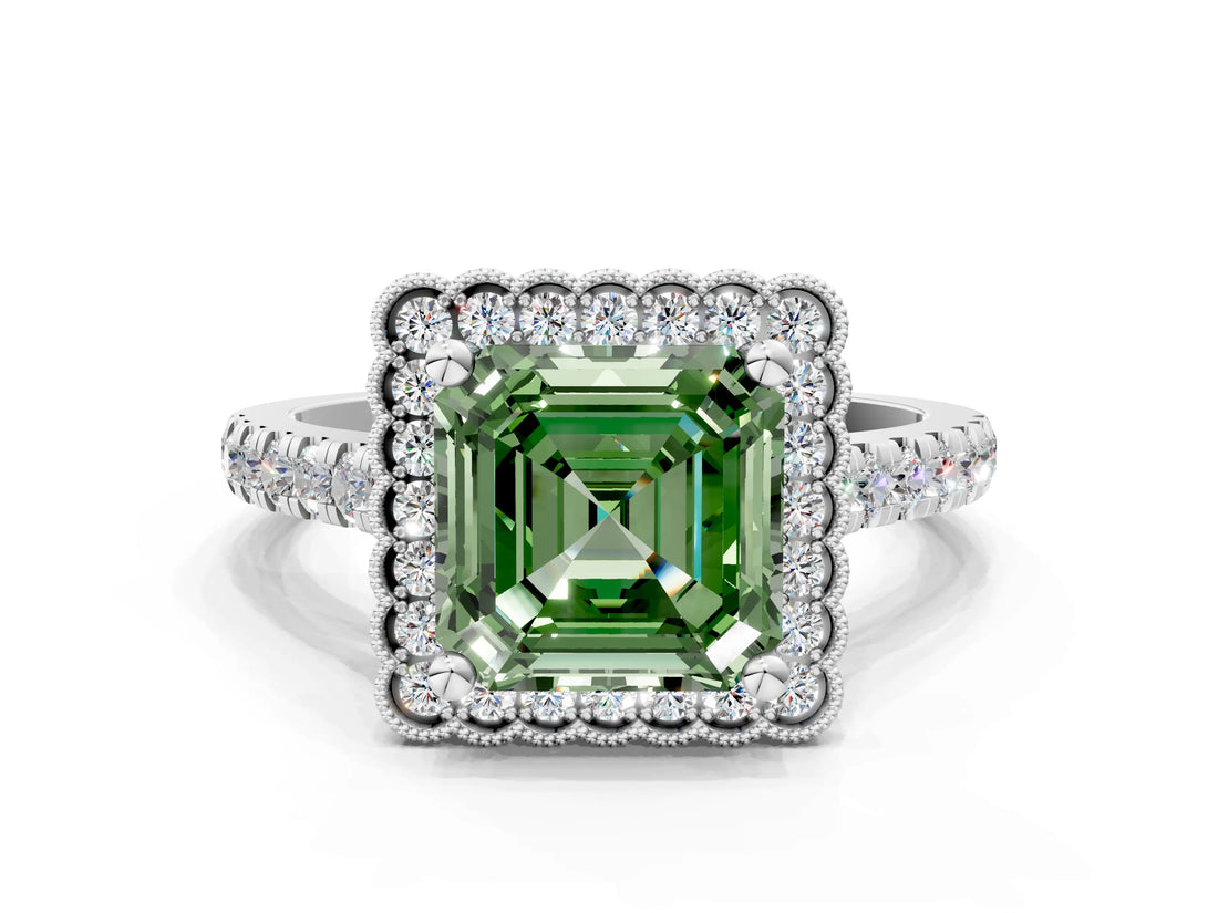 White gold Fancy Green Asscher  Cut Diamond Milgrain Floral Halo Engagement Ring with Pavé Band_15