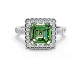 White gold Fancy Green Asscher  Cut Diamond Milgrain Floral Halo Engagement Ring with Pavé Band_15