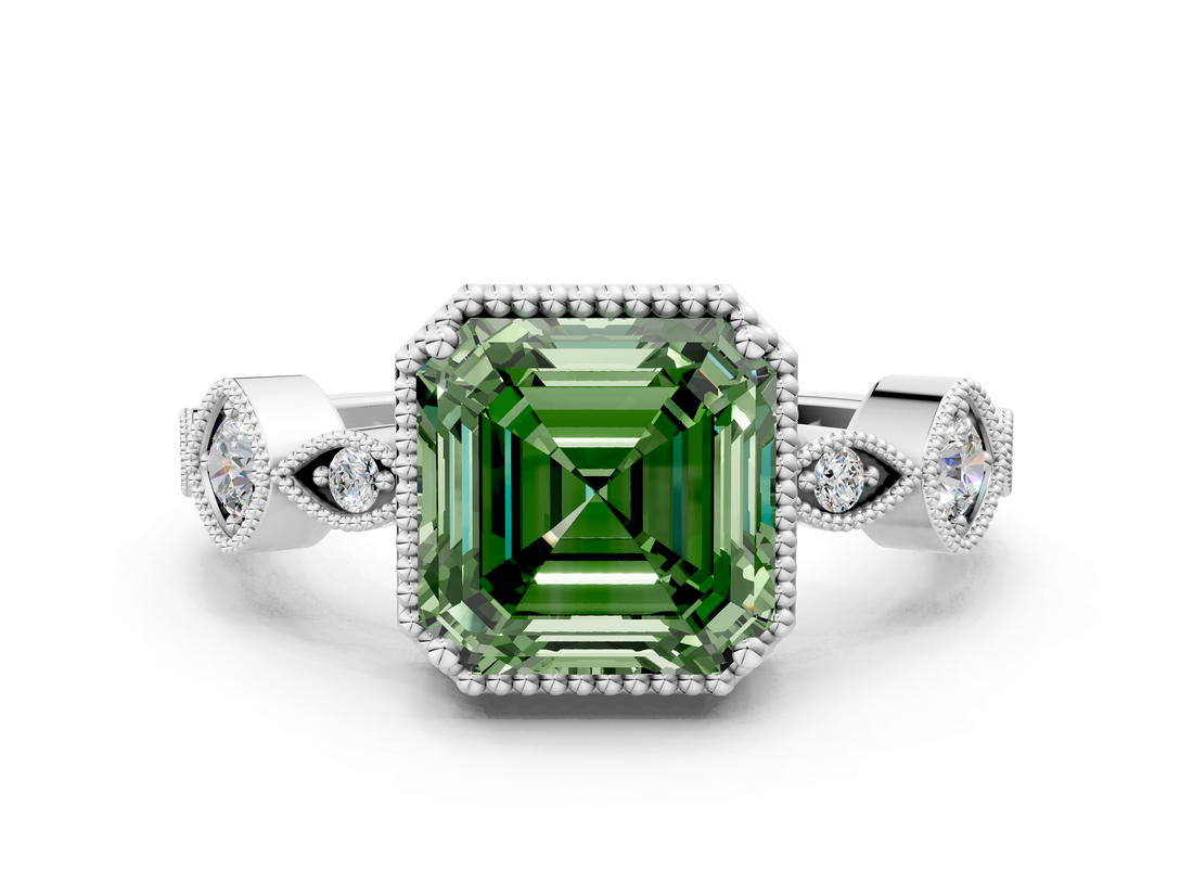 White gold Fancy Green Asscher  Cut Diamond Milgrain Marquise Band with Prong Setting_3