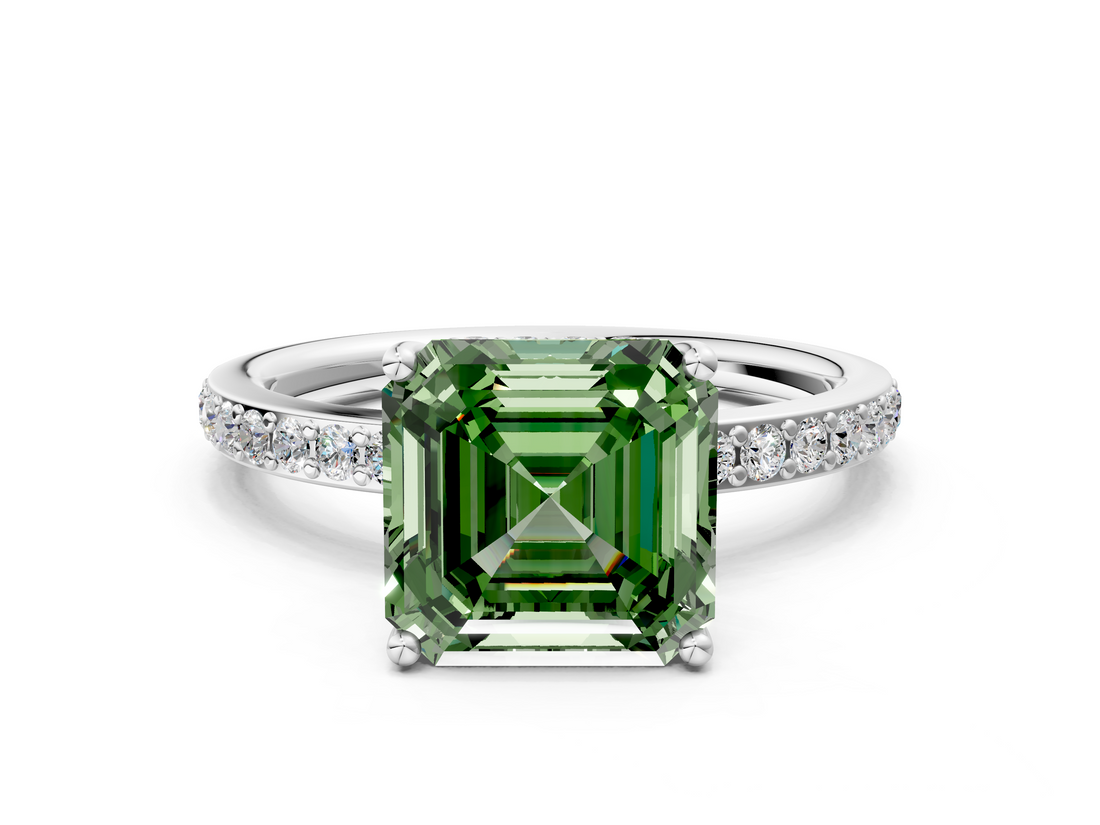 White gold Fancy Green Asscher  Cut Diamond Pavé Band Ring with Four-Prong Setting_17