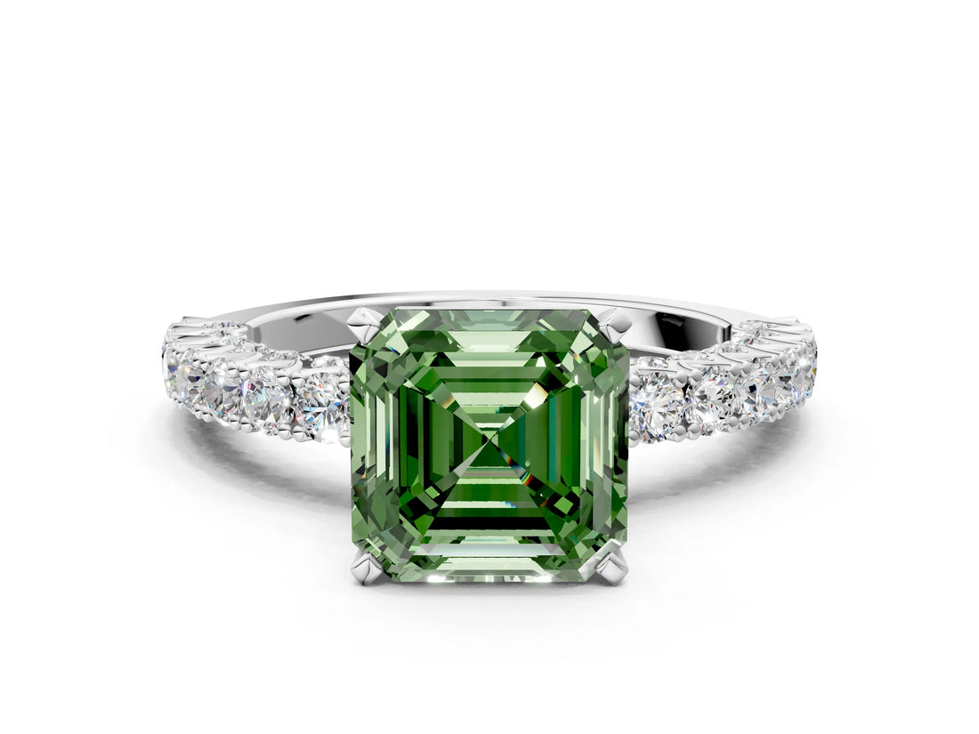 White gold Fancy Green Asscher Cut Diamond Pavé Band Solitaire Ring with Prong Setting_17