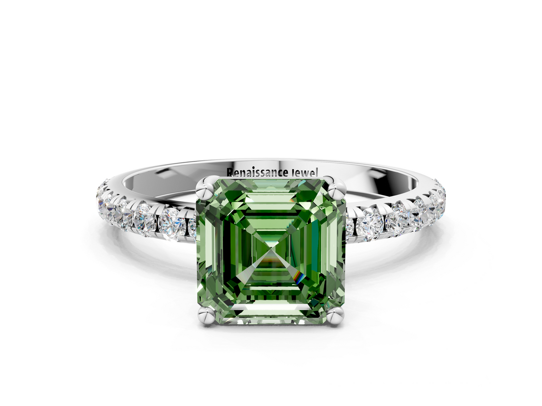 White gold Fancy Green Asscher  Cut Diamond Pavé Band Solitaire with Four-Prong Setting_26