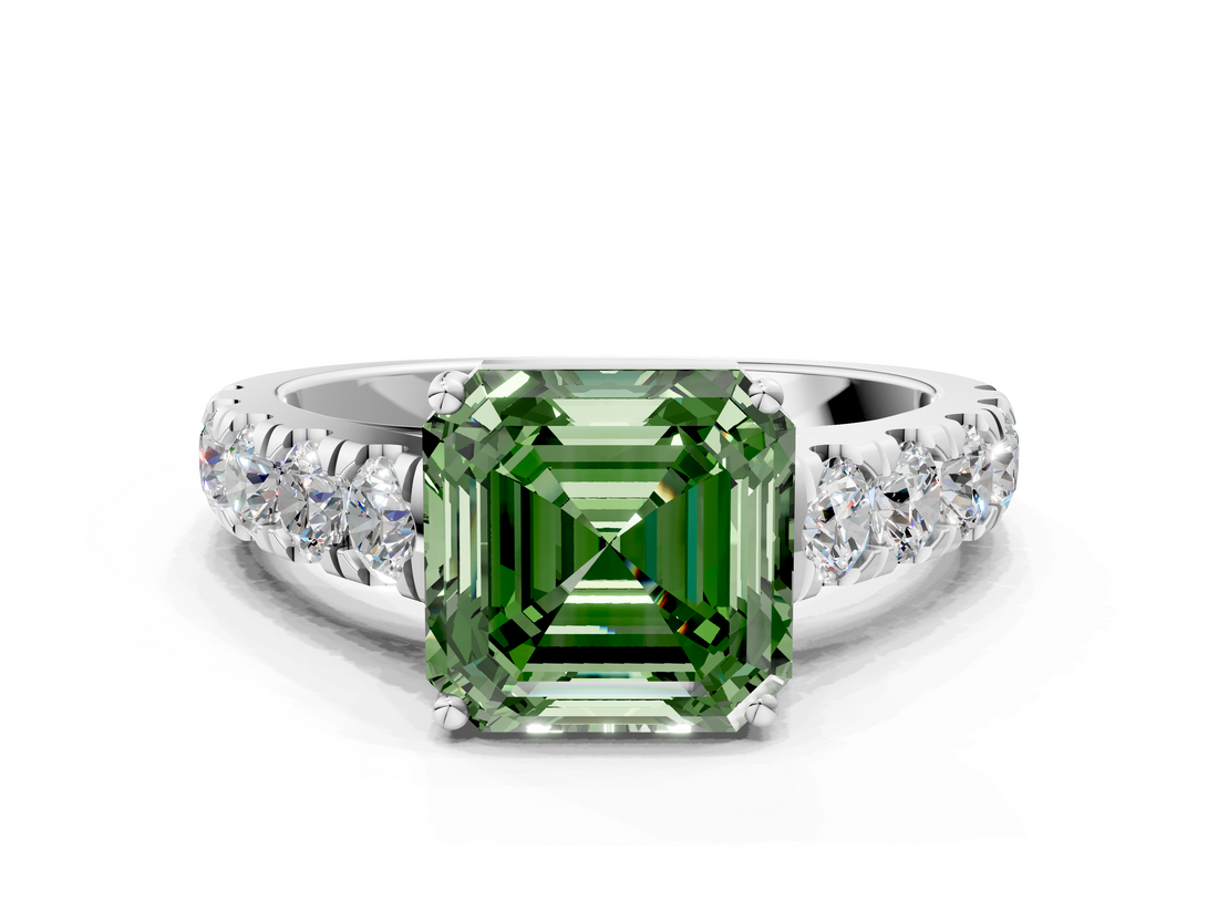White gold Fancy Green Asscher  Cut Diamond Pavé Band Solitaire with Four-Prong Setting_3