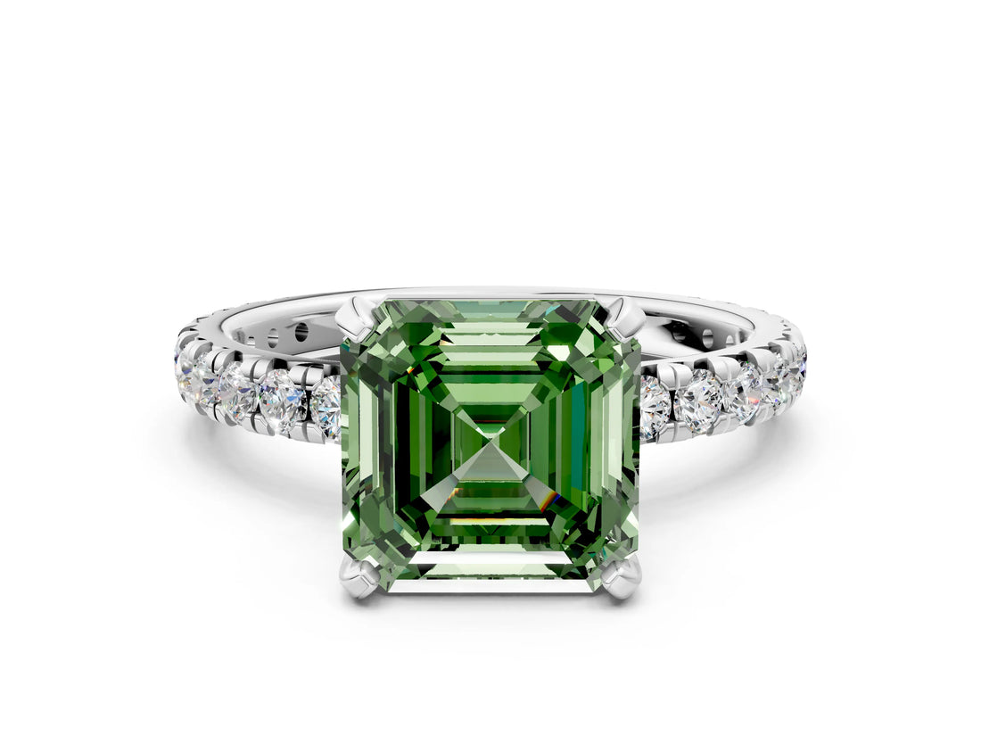 White gold Fancy Green Asscher Cut Diamond Pavé Solitaire Ring with Round Band and Prong Setting_12