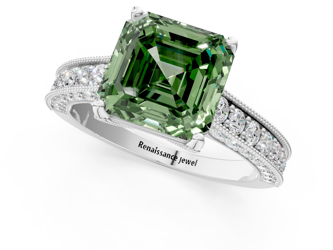 White gold Fancy Green Asscher  Cut Diamond Pave Band with Four-Prong Setting_29