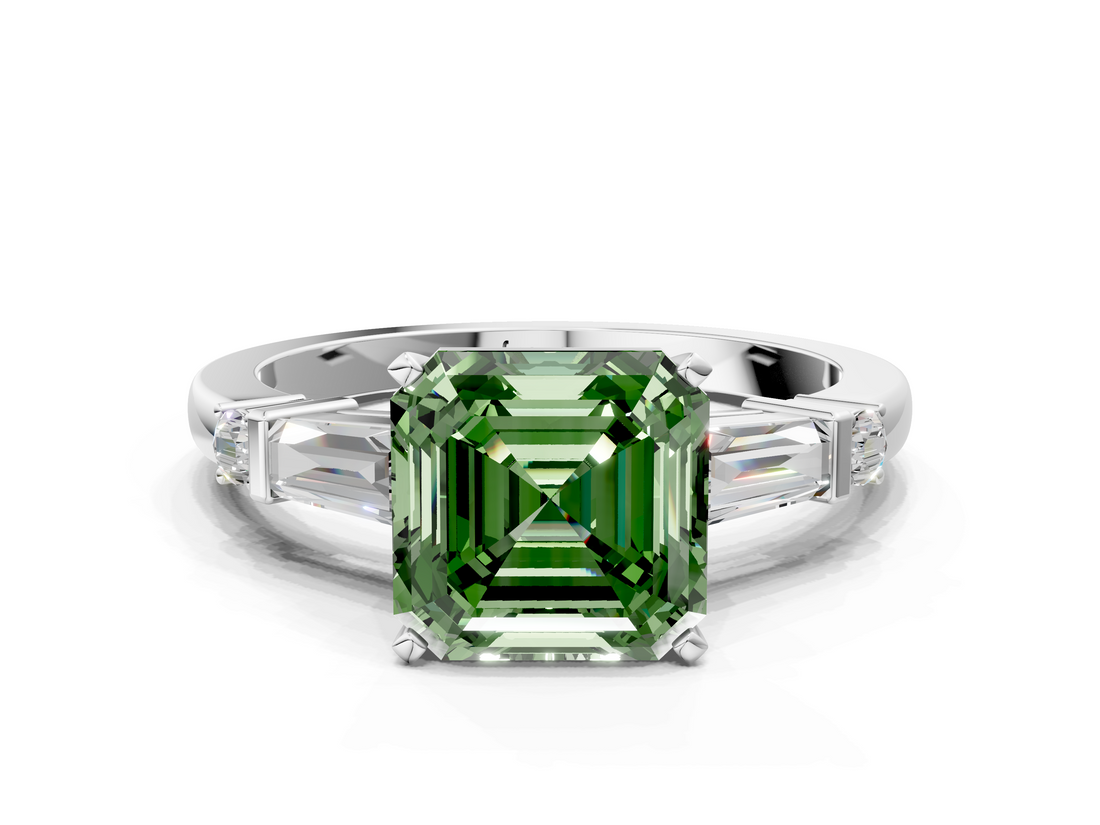 White gold Fancy Green Asscher  Cut Diamond Ring with Baguette Side Stones, Channel Set Band, and Four-Prong Setting
