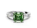 White gold Fancy Green Asscher  Cut Diamond Ring with Baguette Side Stones, Channel Set Band, and Four-Prong Setting