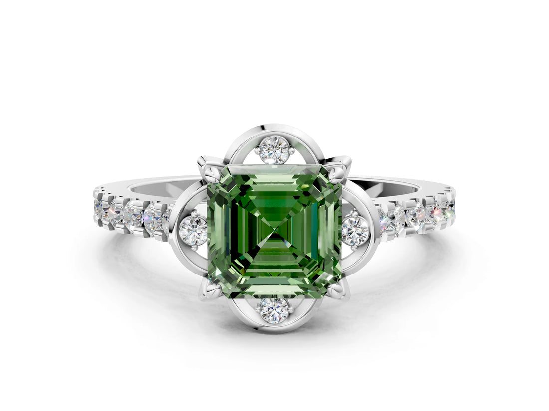 White gold Fancy Green Asscher Cut Diamond Ring with Pavé Band and Floral Prong Setting_39