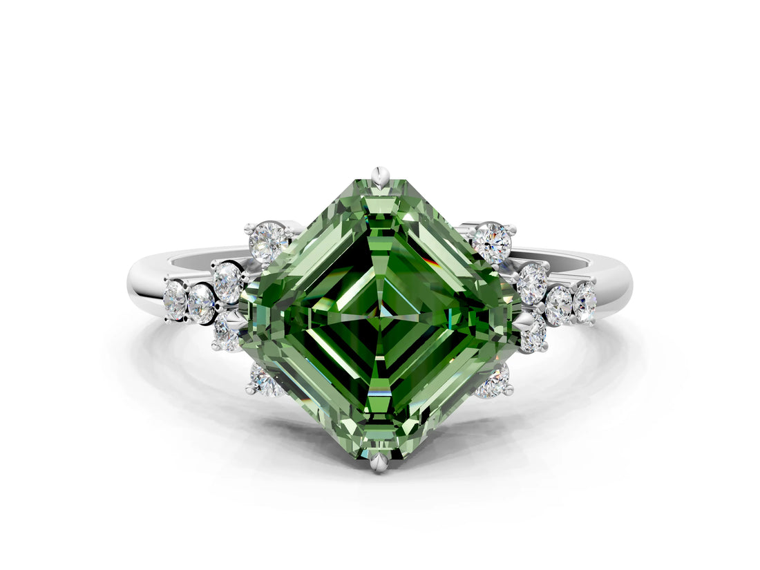 White gold Fancy Green Asscher Cut Diamond Ring with Side Stones and Four-Prong Setting_118