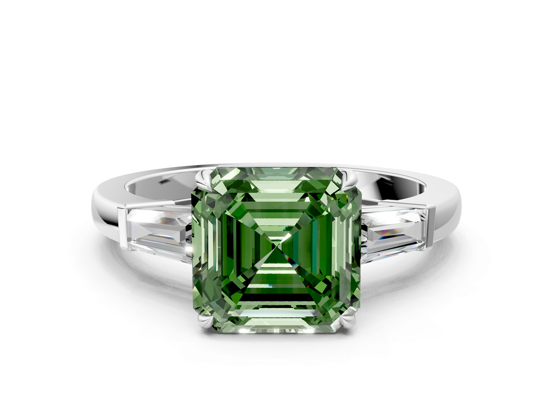 White gold Fancy Green Asscher  Cut Diamond Ring with Tapered Baguette Side Stones in Four-Prong Setting
