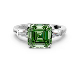 White gold Fancy Green Asscher  Cut Diamond Ring with Tapered Baguette Side Stones in Four-Prong Setting