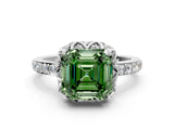 White gold Fancy Green Asscher Cut Diamond Scalloped Halo Engagement Ring with Round Shared Prong Band_12