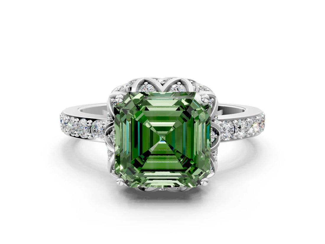 White gold Fancy Green Asscher Cut Diamond Scalloped Halo Engagement Ring with Round Shared Prong Band_36