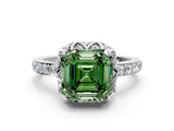 White gold Fancy Green Asscher Cut Diamond Scalloped Halo Engagement Ring with Round Shared Prong Band_48