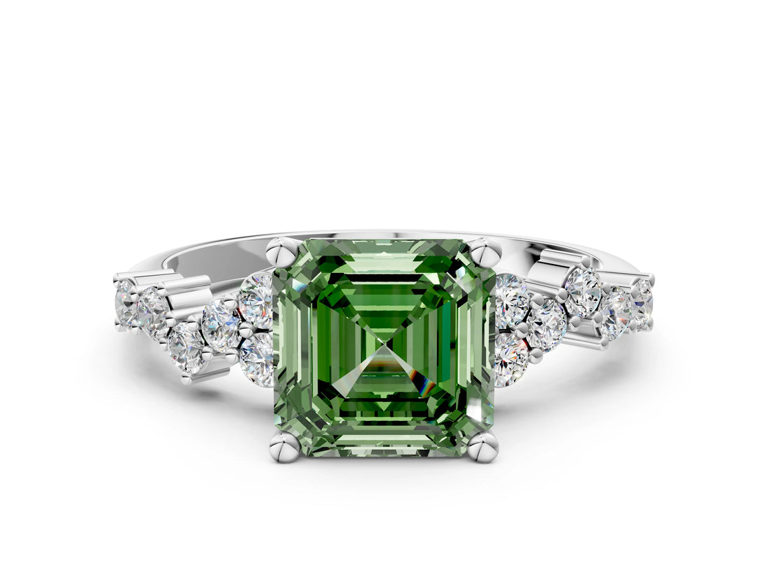 White gold Fancy Green Asscher Cut Diamond Scattered Round Accent Ring with Prong Setting_13