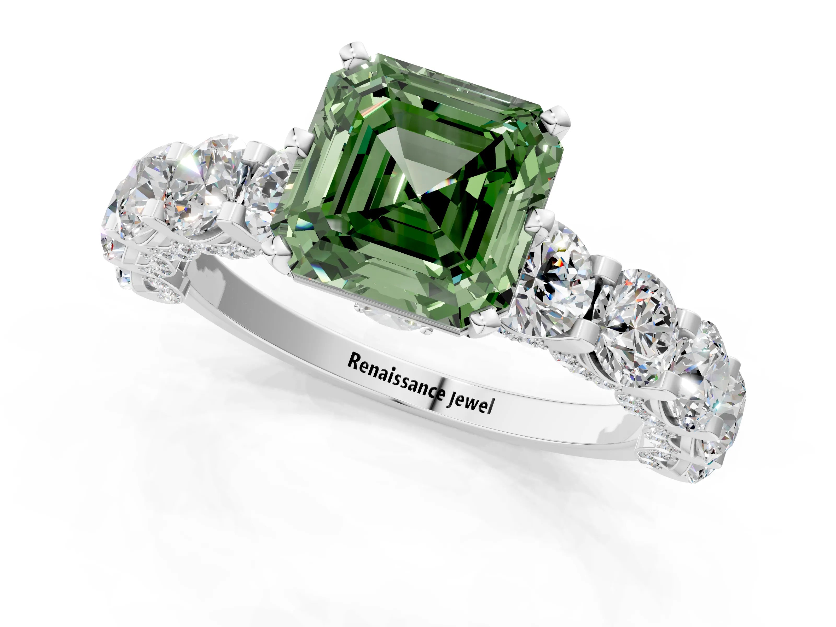 White gold Fancy Green Asscher Cut Diamond Side Stone Engagement Ring with Four-Prong Setting_25