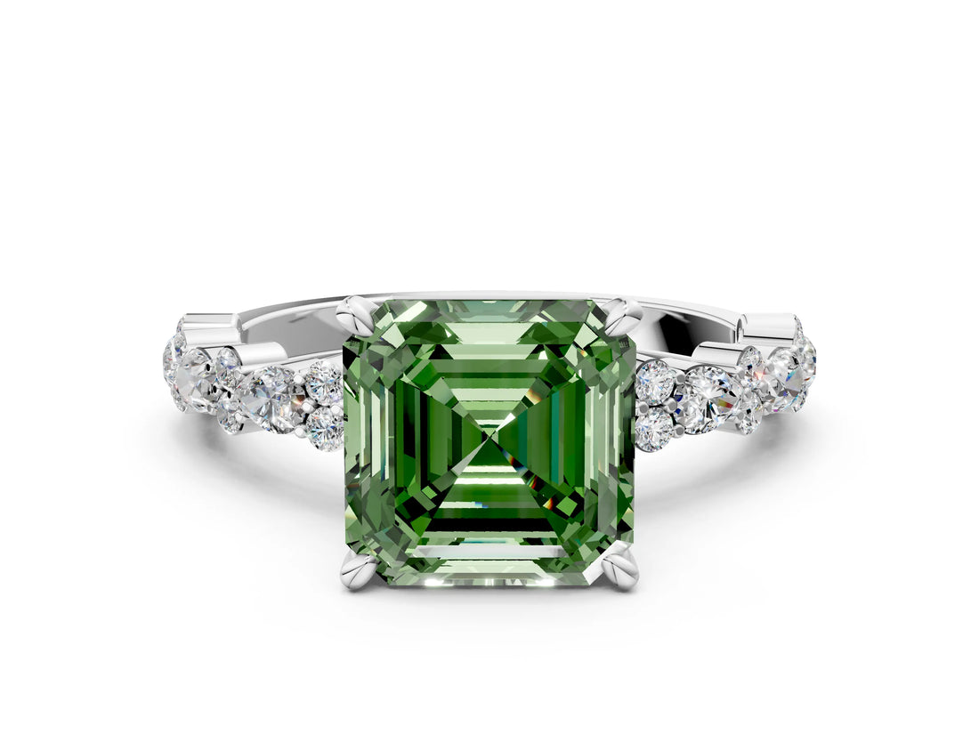 White gold Fancy Green Asscher Cut Diamond Side Stone Solitaire Ring with Round  and Four-Prong Setting_12