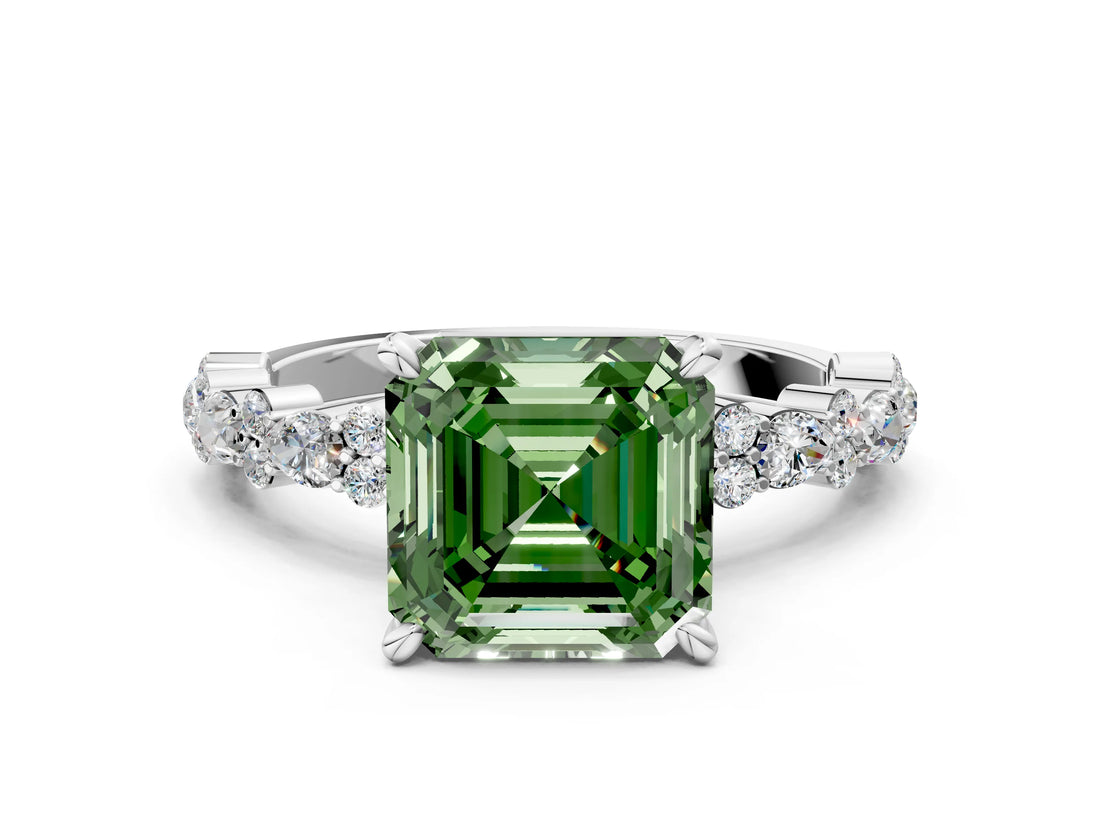White gold Fancy Green Asscher Cut Diamond Side Stone Solitaire Ring with Round  and Four-Prong Setting_80