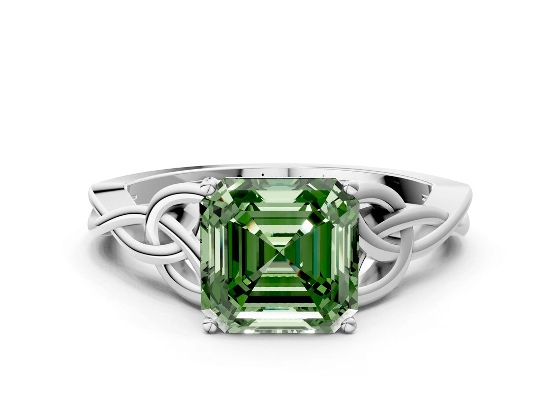 White gold Fancy Green Asscher Cut Diamond Solitaire Celtic Knot Ring with Four-Prong Setting_29
