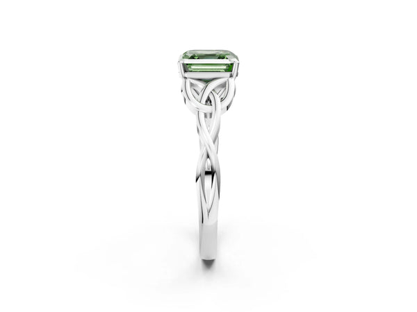 White gold Fancy Green Asscher Cut Diamond Solitaire Celtic Knot Ring with Four-Prong Setting