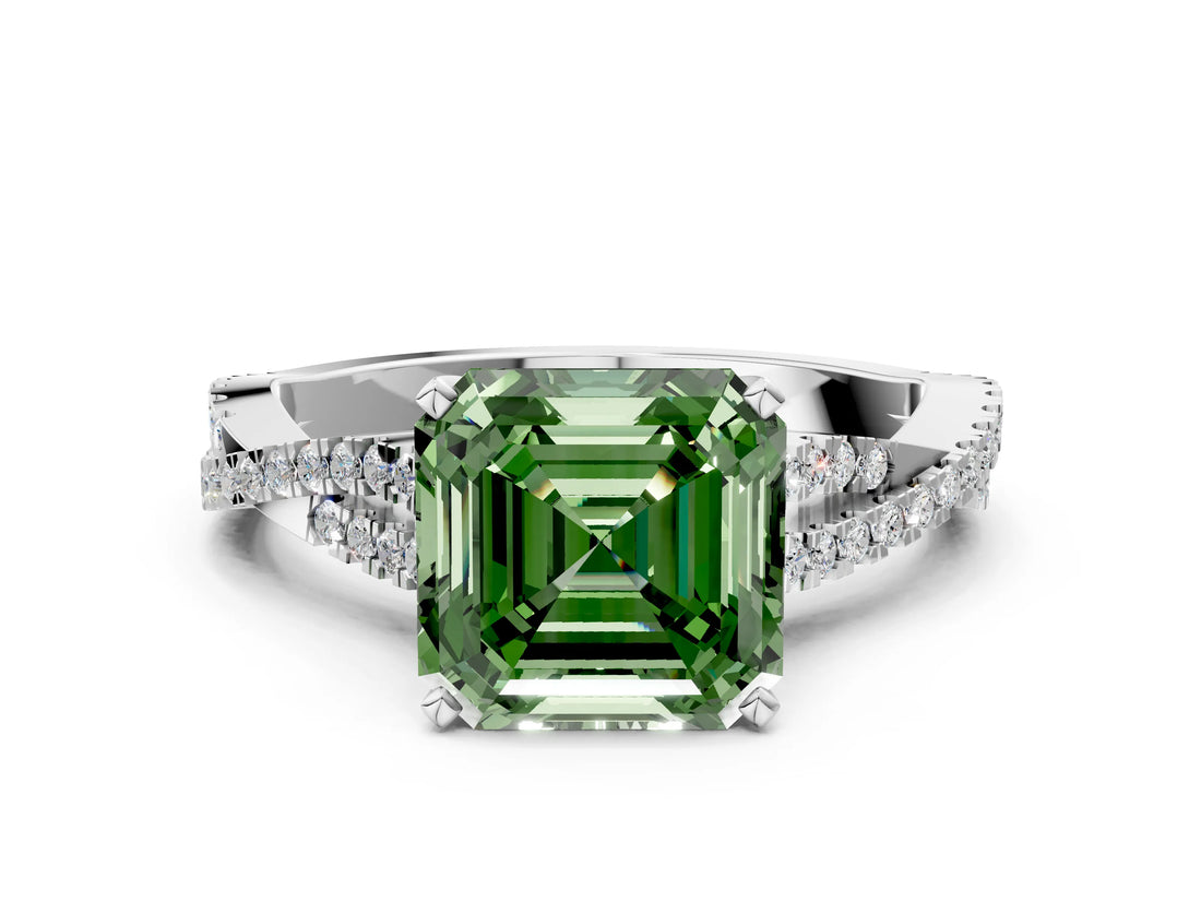 White gold Fancy Green Asscher Cut Diamond Solitaire Engagement Ring with Twisted Pavé Band and Four-Prong Setting_90