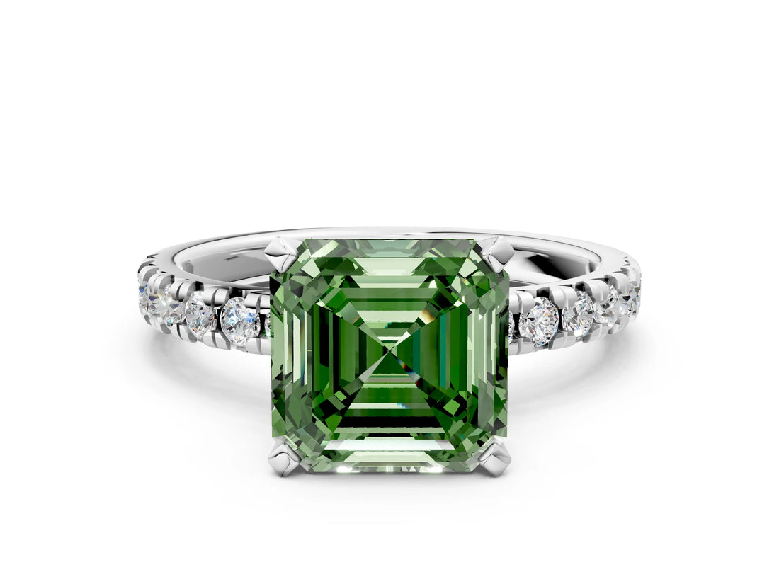 White gold Fancy Green Asscher Cut Diamond Solitaire Pavé Engagement Ring with Round Band and Prong Setting_48