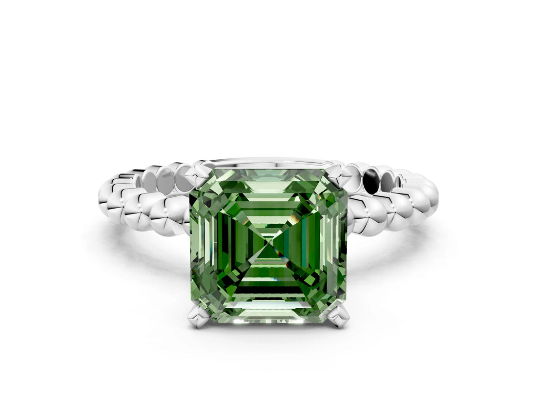 White gold Fancy Green Asscher Cut Diamond Solitaire Ring with Beaded Band and Prong Setting_112