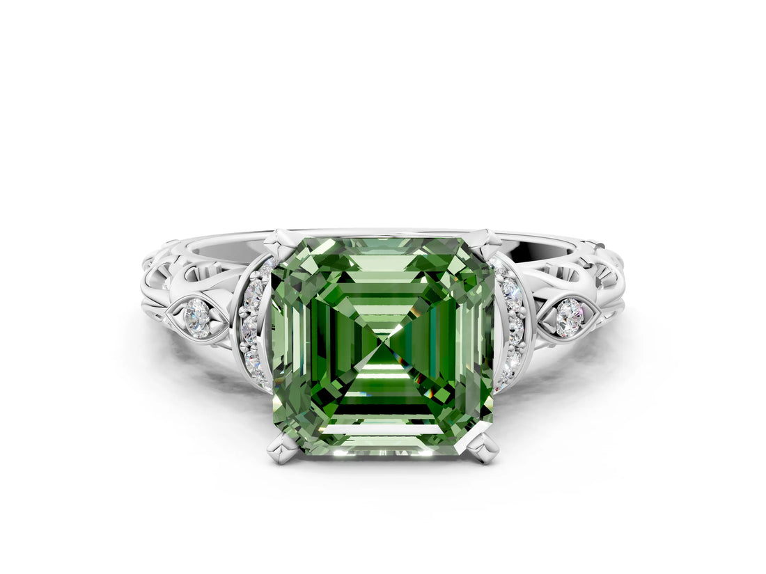 White gold Fancy Green Asscher Cut Diamond Solitaire Ring with Filigree Band and Four-Prong Setting_16